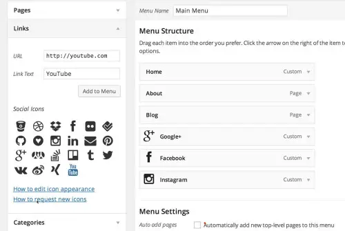 Menu Social Icons Plugin - Menus Screen