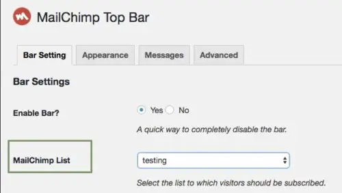 top bar - choose MailChimp list