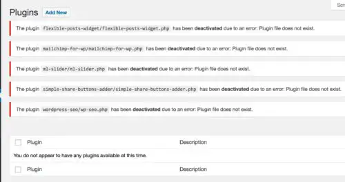 WordPress plugin errors after manual deactivation