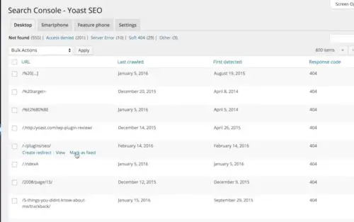Yoast SEO - search console crawl errors