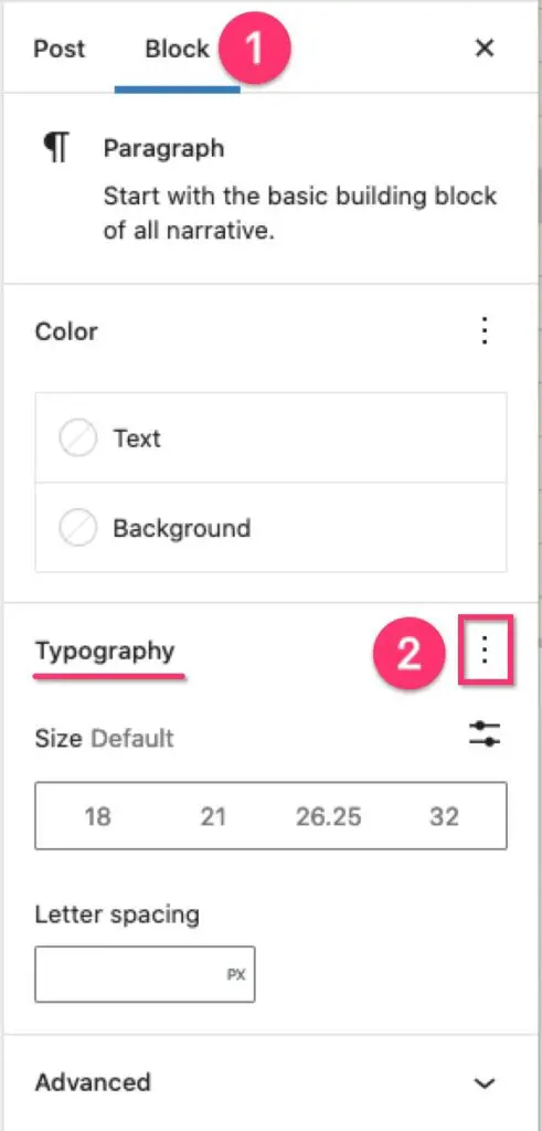 Select Block options, then click the 3 dots next to Typography